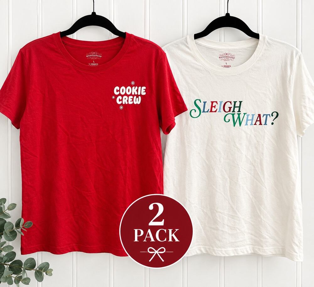 2 pack Christmas holidays t-shirts red white cookie sleigh new with tags size L